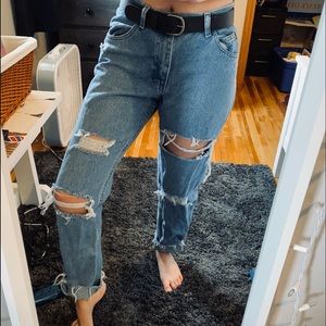 Hard denim distressed jeans